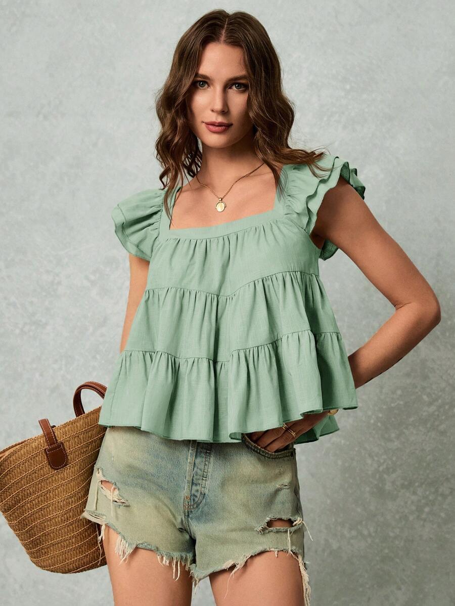 Poéselle Women's Solid Color Square Collar Casual Shirt, Suitable For Summer - Mint Green - View 1