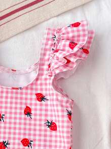 1pc Girls' Strawberry Gingham Print Ruffle Trim One-Piece Swimsuit - Pink - View 4