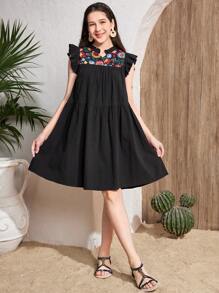 SHEIN Leap Crew Váy chữ A bằng vải voan in hoa cạp chun có viền xếp nếp cho bé gái tuổi teen, phong cách nghỉ dưỡng thường ngày, mùa xuân/hè - màu đen - Xem 3