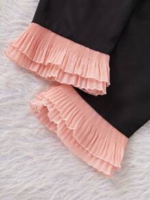 SHEIN 2pcs/Set Tween Girls Elegant Sweet Comfortable Satin Contrast Net Ruffle Hem Loungewear Set - Black - View 5