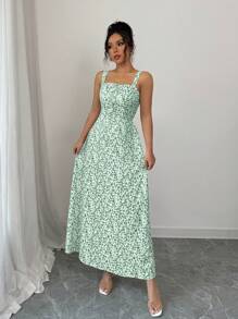 Elenzga Women's Fashionable Sleeveless Printed Long Dress, Summer - Green - View 6