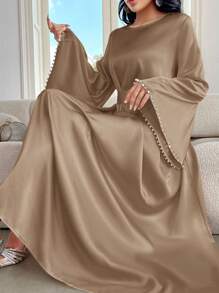 Al Najma 女士优雅纯色喇叭袖长裙，春/夏，朴素优雅的 A 字型阿拉伯连衣裙，适合晚会/婚礼嘉宾/周年纪念/日常穿着 - 銅色 - 查看 1