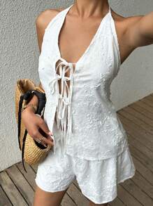 SHEIN VCAY 2pcs/Set Floral Embroidery Tie Front Halter Top And Shorts Casual Vacation Set For Women,Vacation - White - View 4