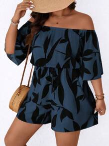 SHEIN LUNE 大码女式休闲印花露肩连体裤 - 藍色 - 查看 5