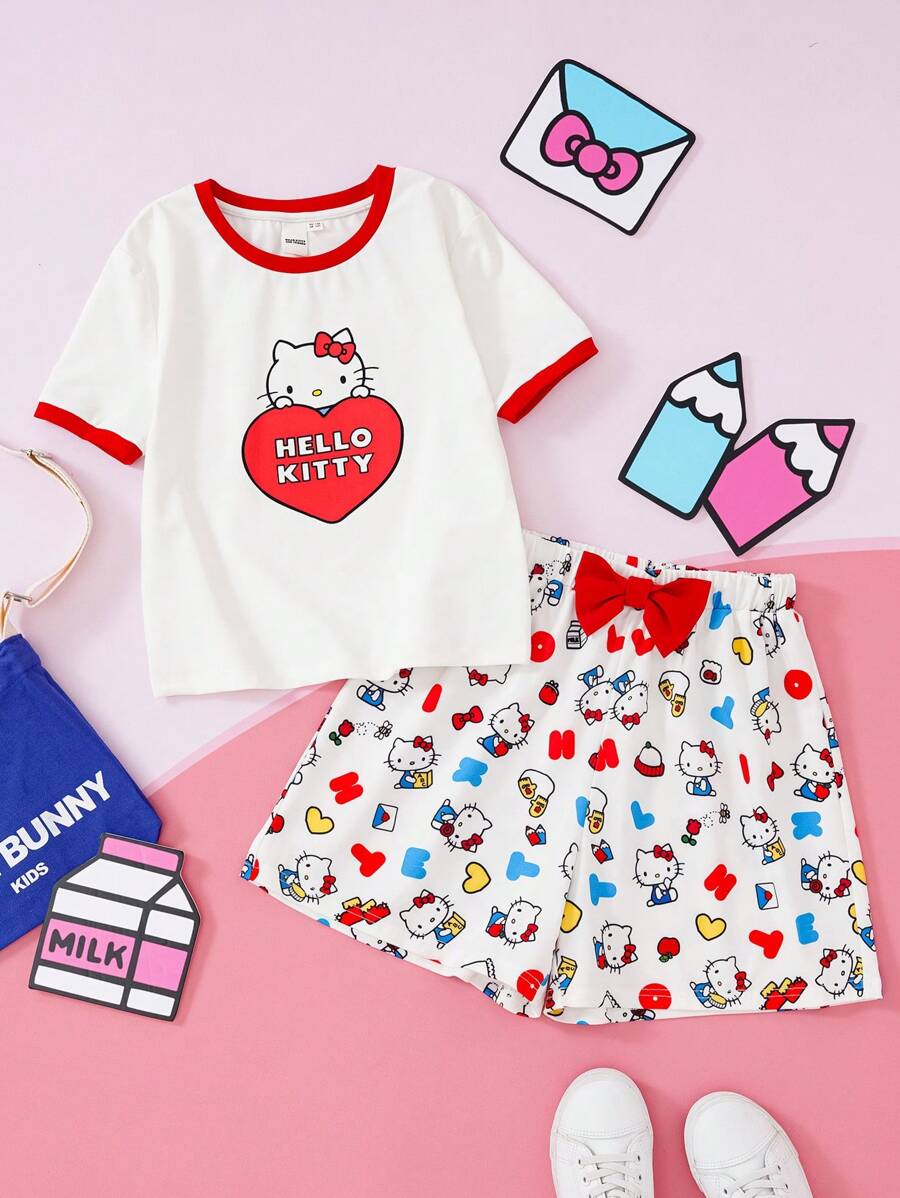 HELLO KITTY AND FRIENDS | SHEIN Tween Girl Cartoon Graphic Red Cute Sweet Top And Shorts Set - White - View 1