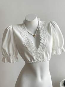 Elamini Solid Color Simple Fashion Casual Daily V-Neck Lace Blouse - White - View 6