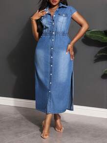 SHEIN Lady 大码修身牛仔长裙，休闲，蓝色 - 淺色水洗藍 - 查看 5