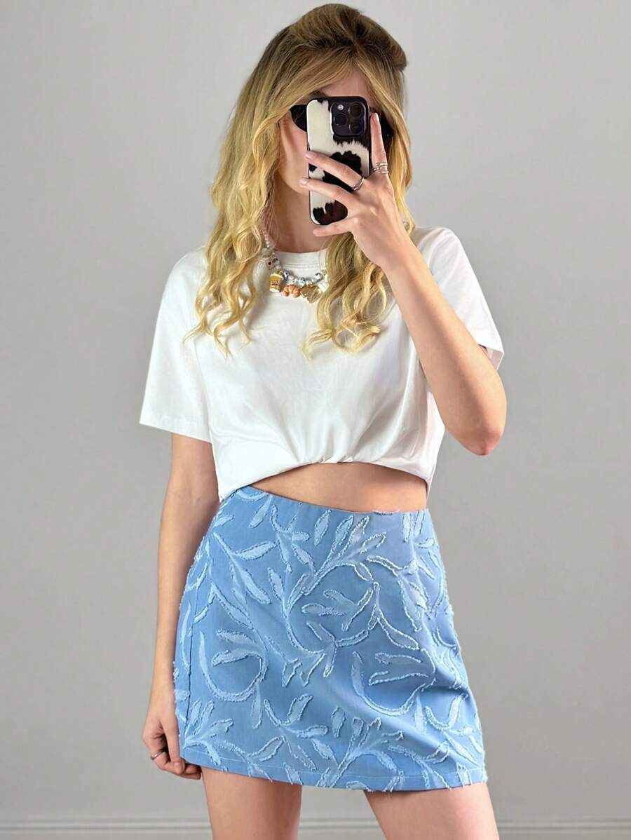 SHEIN Forever 21 夏装 /茶会裙 /海滩度假装 /休闲女装 /夏装 /蓝色纹理迷你裙 - 藍色 - 查看 1