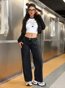 SHEIN PETITE Jeans anchos y holgados versátiles y casuales para mujer con bolsillos - Gris - Ver 6