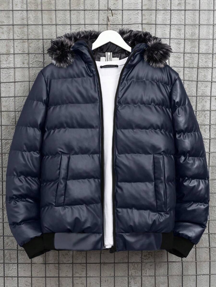 RueChic 冬季男士纯色拼布羊毛连帽加厚外套