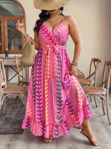 Breezaya Plus Size Print Cinched Waist Sleeveless Maxi Dress, Casual Vacation Summer Style