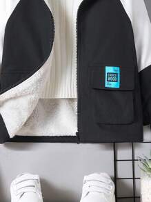 SHEIN Áo khoác trẻ em phong cách đường phố giản dị dễ thương 3d có túi, chữ dệt nhãn rộng rãi nhiều màu có mũ trùm đầu lót nhiệt, cho mùa thu đông - Đen và trắng - Xem 4