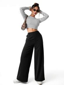 SHEIN Sparklyn Quần ống rộng màu trơn thanh lịch cho bé gái tuổi teen - màu đen - Xem 4