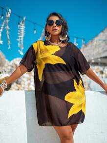 Swim Vcay Große Größen Netz bedruckter locker geschnittener Kurzarm Strandblusentop für Damen