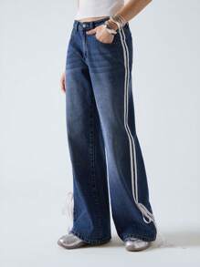 LYSMO Cowboy For Women Summer Blue Woven Side Stripe Pocket Straight Leg Jeans - Blue - View 5