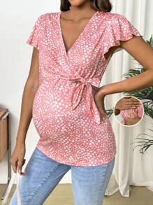 SHEIN Women's Ditsy Floral Wrap Tie-Knot Casual Breastfeeding Nursing T-Shirt