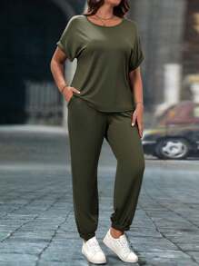 SHEIN CURVE+ 2pcs/Set Plus Size Women Solid Color Knit Top And Pants Casual Set, Spring/Summer - Army Green - View 3
