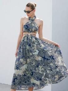 SHEIN Privé Chiffon Cashew Floral Print Cross Halter Hollow Out Maxi Summer Dress - Multicolor - View 7