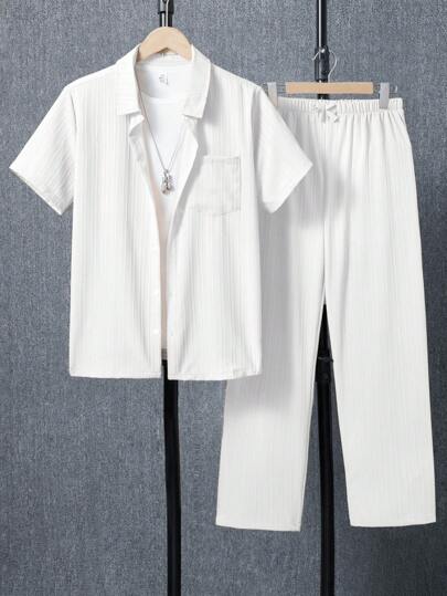 2pcs/Set Casual Urban Teenage(Boys) Short Sleeve Shirt & Long Pants Suit, School, Campus, College