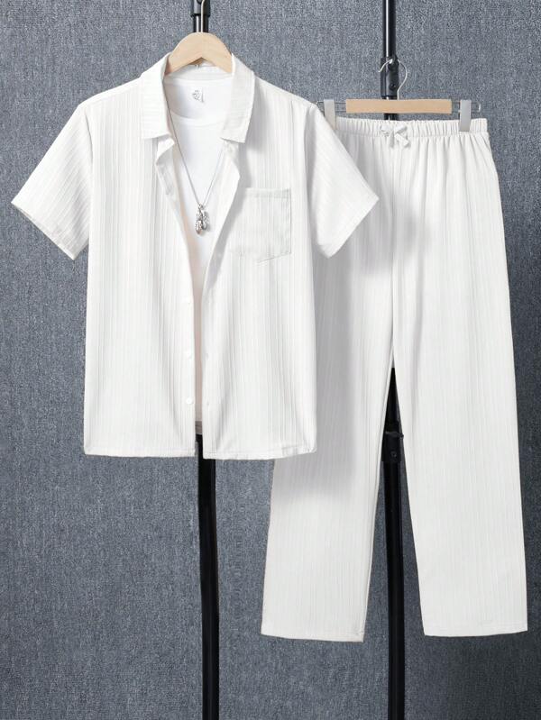 2 pièces/Ensemble Vêtement casual urbain pour adolescent(garçons) : chemise à manches courtes et pantalon long