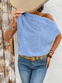 SHEIN Clasi 女士纹理荷叶边不对称肩部超大休闲优雅衬衫 - 淺藍色 - 查看 8