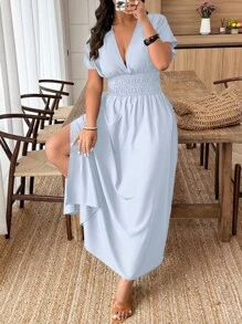 Weeklong Robe Couleur Unie à Col V et Manches Courtes, grande taille, Minimaliste et , Adaptée pour l'Été