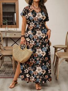 EMERY ROSE 休闲简约复古碎花图案宽松 V 领大码连衣裙，适合春夏季