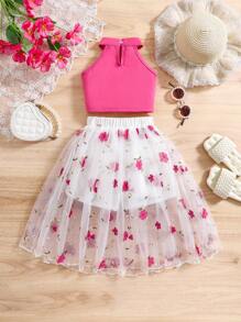 SHEIN Glamorique Kids 2 件套年轻女孩时尚可爱休闲度假风格无袖上衣和花卉网眼裙套装 - 玫紅色 - 查看 2