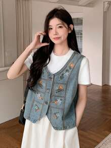 DAZY Women's Flower Embroidery Casual Loose Sleeveless Open Front Denim Jacket