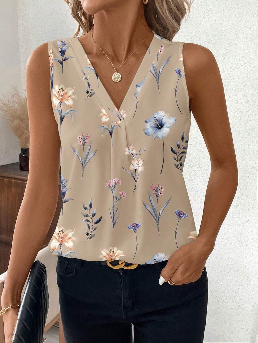 SHEIN Clasi 卡其色花卉印花图案女式背心，适合春夏季 - 卡其色 - 查看 1