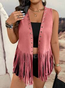 Breezaya Bohemian Style Fringes & Rivet Detail Jacket - Red - View 3