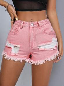 SHEIN PETITE Women's Distressed Hem Pocket Casual Denim Shorts - Pink - View 5
