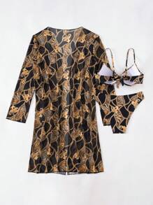 SHEIN Bộ trang phục 3 món đi biển mùa hè cho nữ, gồm áo ngực nâng ngực kèm khăn quàng cổ, quần lót cạp trễ và váy chiffon in họa tiết ngẫu nhiên, đồ bơi bikini thanh lịch - Nhiều màu - Xem 4