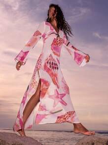 Opulessa Printed V-Neck Long Sleeve Dress For Women,Bohemia - Pink - View 2