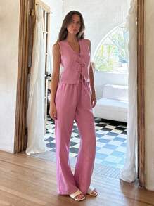 Cloudara Womenr  Soft Popular Pink Linen Co-Ord Set With Elegant Front Bow Tie Details – Breathable And Lightweight Sleeveless Top And Flowy High-Waisted Wide-Leg Pants Made From Premium Linen Fabric For A Stylish, Comfortable, And Youthful Everyday Look Women S Summer Clothes Women S Clothes