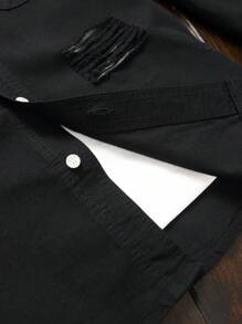 Manfinity Homme Men Cotton Ripped Frayed Flap Pocket Long Sleeve Button Up Plain Black Denim Shirt Without Tee, Going Out Going Out Hang Out Commute Work Urban - Black - View 7