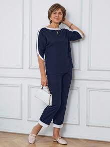 Miaspire 2pcs Women Casual Set: Ribbed Hem Round Neck Short Sleeve Top And Pants