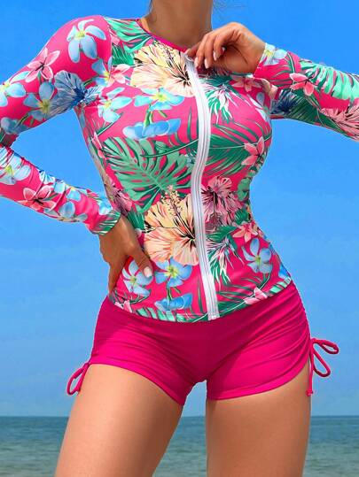Swim Lushoire Summer Beach Tropical Print  Long Sleeve Zip Up Front Tankini Swim Shirt Without Shorts
