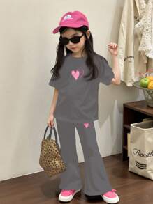 SHEIN Leap Crew 2pcs Girl's Casual Minimalist Round Neck Short Sleeve Top And Long Pants Set, Suitable For Summer - Dark Grey - View 5