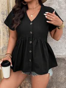 SHEIN LUNE Camisa de manga corta con cuello en V y talla grande, casual y de moda para el verano, top de verano para mujer, vacaciones, playa para mujer - Negro - Ver 4