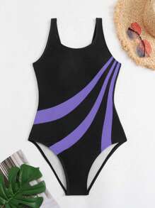 Swim SPRTY Women's Vacation Beach Colorblock Striped One-Piece Swimsuit For Summer - Purple - View 8