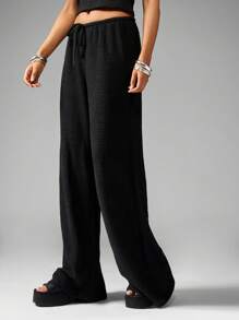 MISSGUIDED Waffle Knit Two-Piece Loungewear Set Wide Leg Pants Crop Top Matching Co-Ord Comfortable Ribbed Texture Casual Summer Spring Fall Outfit - Black - View 6