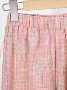 两件套少女格子无袖衬衫，荷叶边领口和袖口，松紧腰阔腿裤，夏季套装，适合少女的两件套服装，少女服装，少女套装，少女套装 - 粉色 - 查看 5