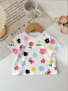 SHEIN 可爱花卉、蝴蝶、彩虹印花休闲简约女婴短袖圆领上衣，适合夏季 - 彩色 - 查看 2