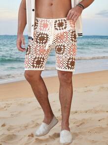Manfinity RSRT Men's Vacation Casual Contrast Color Hollow Out Knit Shorts Crochet Beach Shorts Men Swim Trunks