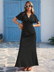Vivid Eden Wave Pattern V-Neck Short Sleeve Fitted Women's DressSpring And Summer Outfits, Summer Clothes, Valentine Day, Vacation Outfits Woman, Beach Outfits For Woman, Festival, Romantic And Elegant Clothing, Bohemian, BOHO, Sweet, Rave Outfits Festival, Tropical Vacation Woman Clothes, Carnaval,Summer Dresses For Women,Polka Dot Dress
