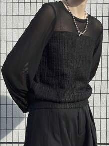 FRIFUL 女士网纱拼接圆领宽松优雅长袖衬衫 - 黑色 - 查看 6