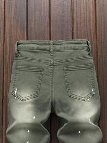 SHEIN Tween Boy 黑色仿旧油漆飞溅弹性紧身牛仔裤 - 軍綠色 - 查看 7