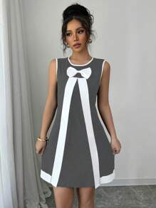 Elenzga Abito casual ed elegante da donna per primavera ed estate, a maglia, con collo rotondo, decorazione fiocco, linea ad A, corto e aderente