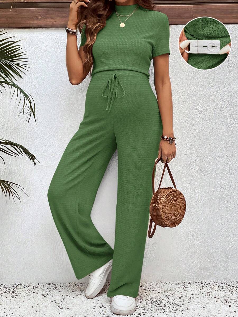 SHEIN 2pcs/Set Pregnancy Leisure Solid Color Short Sleeve Top And Pants Set - Green - View 1